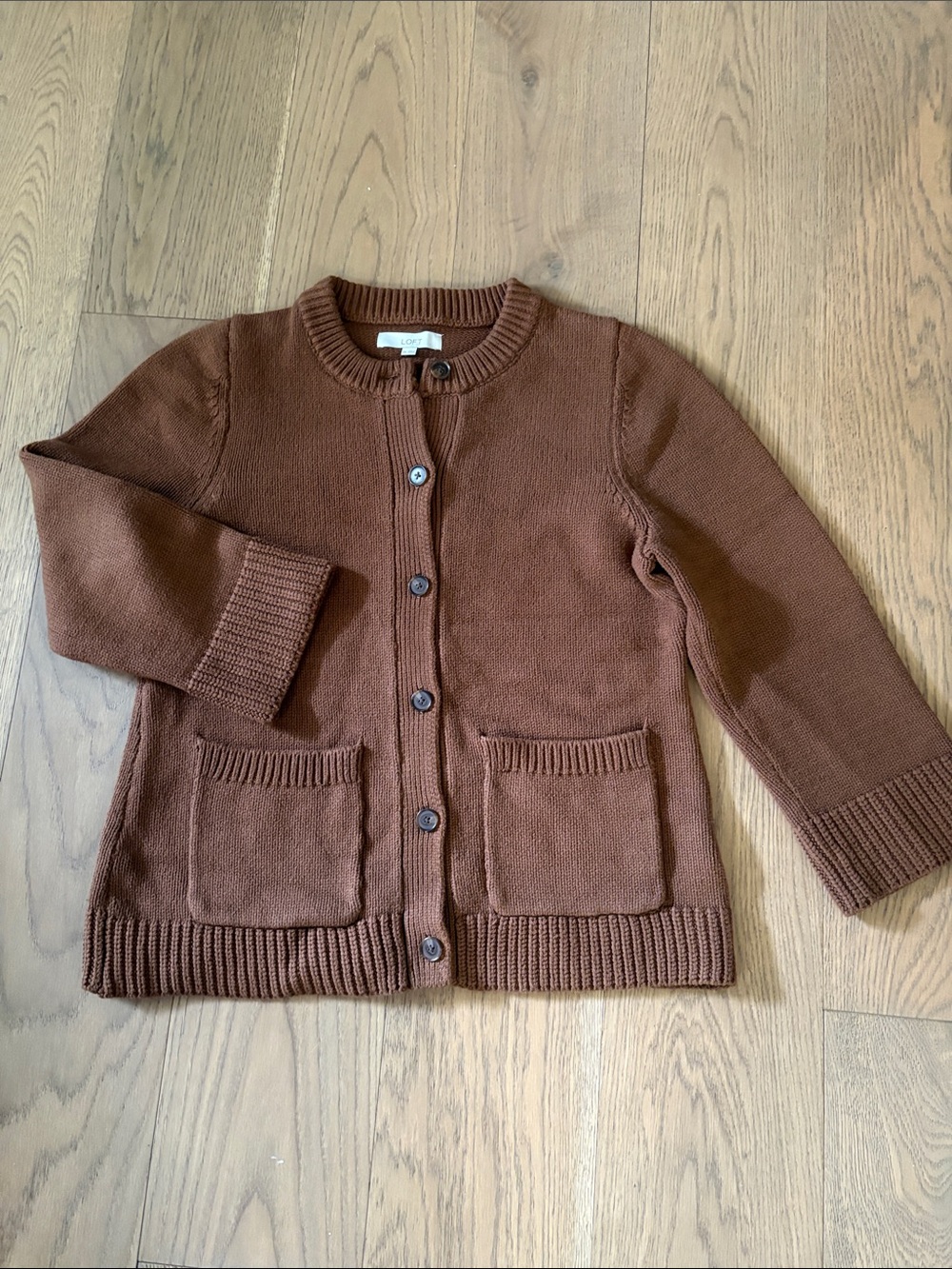 LOFT Brown Crewneck Button Cardigan
